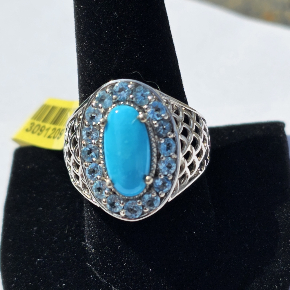 Sleeping Beauty Turquoise & Electric Blue Topaz Ring Platinum over 925 Size 10 - Picture 5 of 11